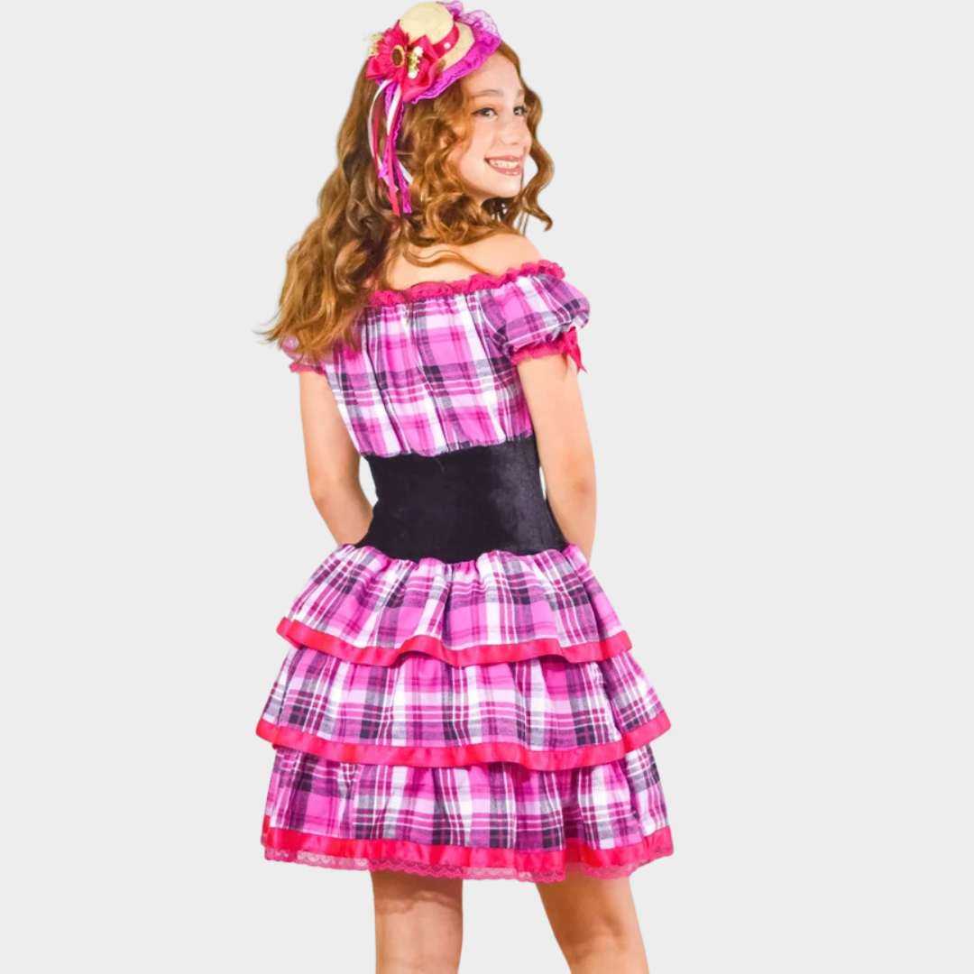 Vestido de Festa Junina Infantil Xadrez Pink