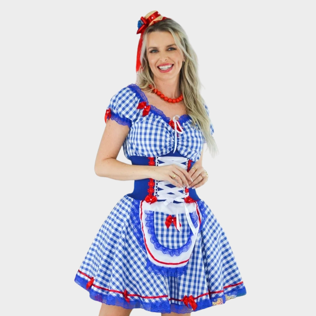 Vestido de Festa Junina Xadrez Azul