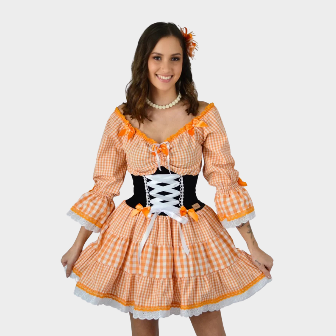 Vestido de Festa Junina Xadrez Laranja